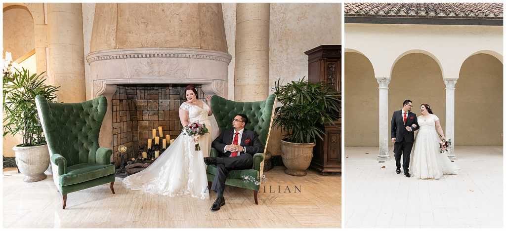 bride and groom portraits at the Bilmore Hotel in Coral Gables. Miami wedding phographer Angie Lilian.