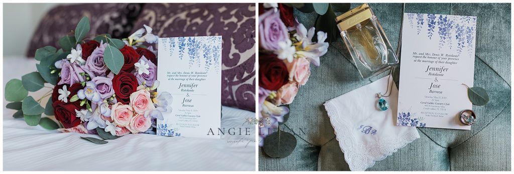 invitation suite, bridal bouquet and more wedding details. Photo by Angie Lilian