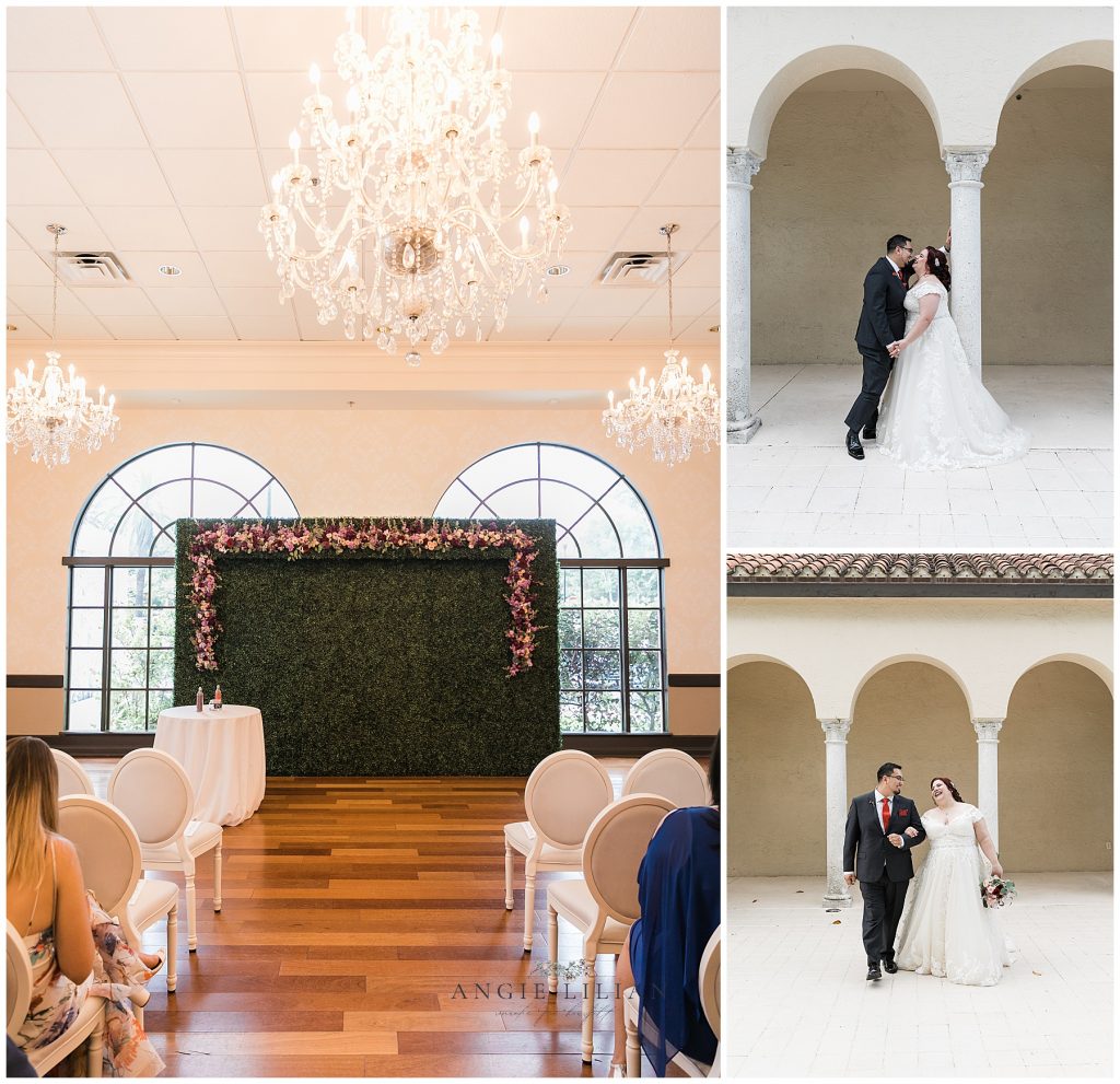 ceremony space at Coral Gables Country Club. Bride and groom portraits. Photo by Angie Lilian