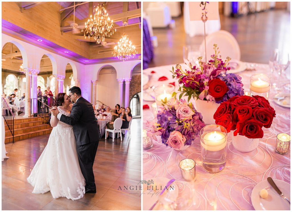 bride and groom dancing. flower decorations. Miami wedding phographer Angie Lilian.