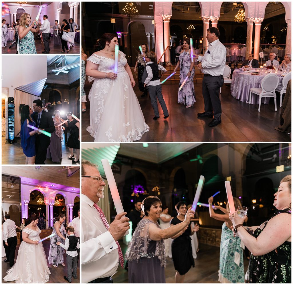 guests holding glow sticks and dancing.  Miami wedding phographer Angie Lilian.